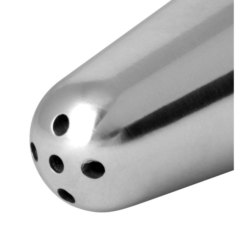 Close-up of the AlumiTip aluminum enema nozzle tip showing smooth tapered design and five outlet holes.