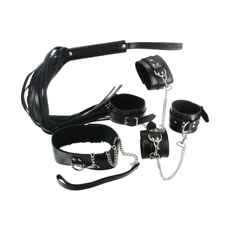 7 Pc Bondage Adventure Set showcasing leather cuffs, collar, and whip for intimate exploration and pleasure.