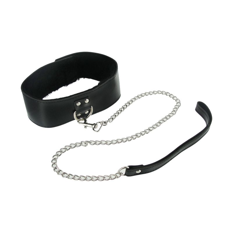 7 Pc Bondage Adventure Set featuring a black collar with chain and handle for intimate play.
