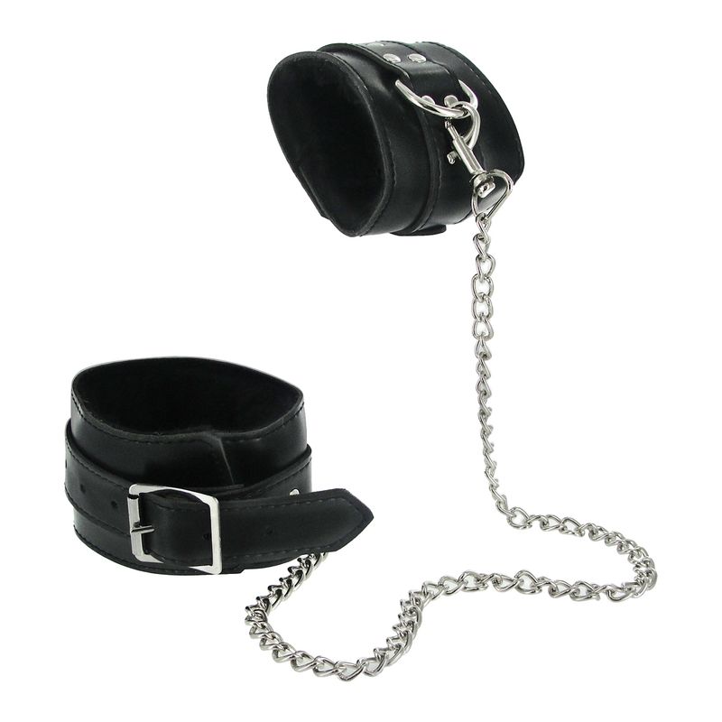 7 Pc Bondage Adventure Set wrist and ankle cuffs with chain in luxurious black faux fur for intimate essentials for her.