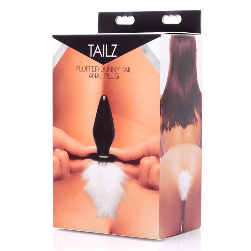Product packaging for the bunny tail glass anal plug featuring a fluffy white tail and sleek black plug design.