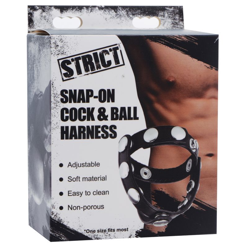Snap-On Cock And Ball Harness packaging showing adjustable design and soft material for enhanced male pleasure.