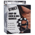 Snap-On Cock And Ball Harness packaging showing adjustable design and soft material for enhanced male pleasure.