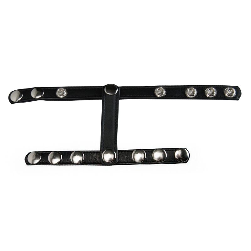 Snap-On Cock And Ball Harness made of leather with decorative metal snaps for enhanced male pleasure.