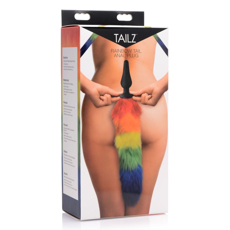 Rainbow Tail Silicone Butt Plug packaging showcasing a colorful tail and sleek silicone design for playful adventures.