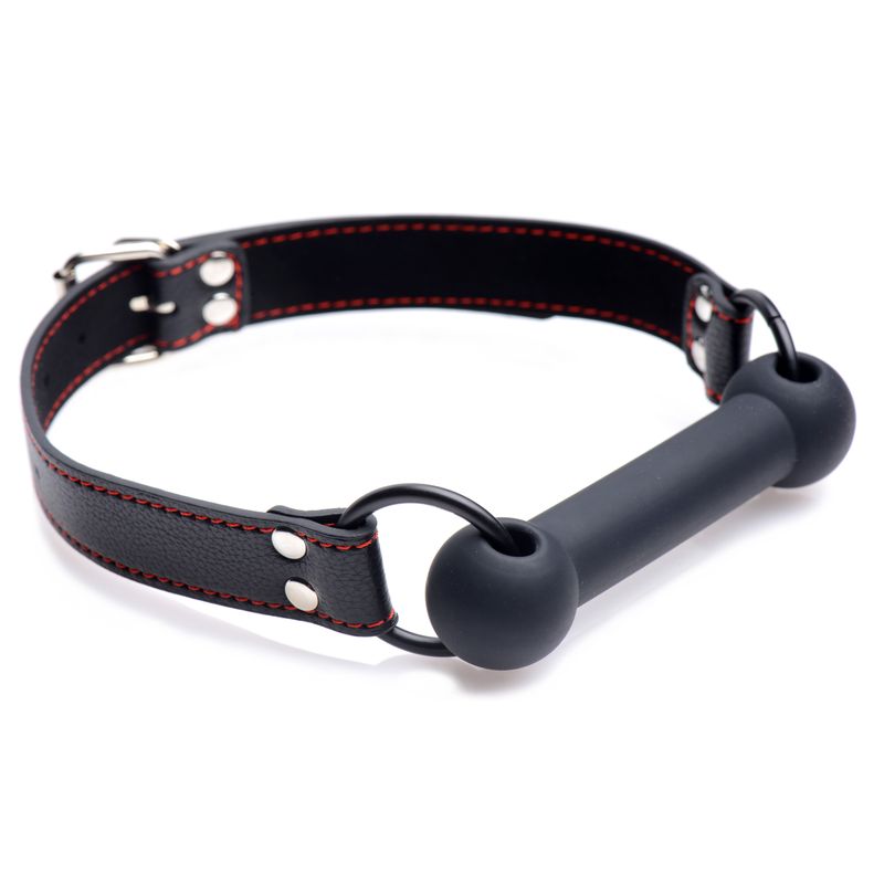 Silicone pet bit gag with adjustable strap and bold red stitching for playful pet sessions.
