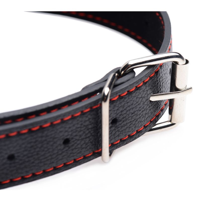 Close-up of a silicone pet bit gag with a classic black design and bold red stitching, featuring an adjustable strap.