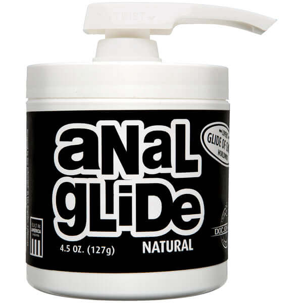 Doc Johnson's Anal Glide petroleum-based anal lubricant in a 127 g pump bottle for long-lasting comfort.
