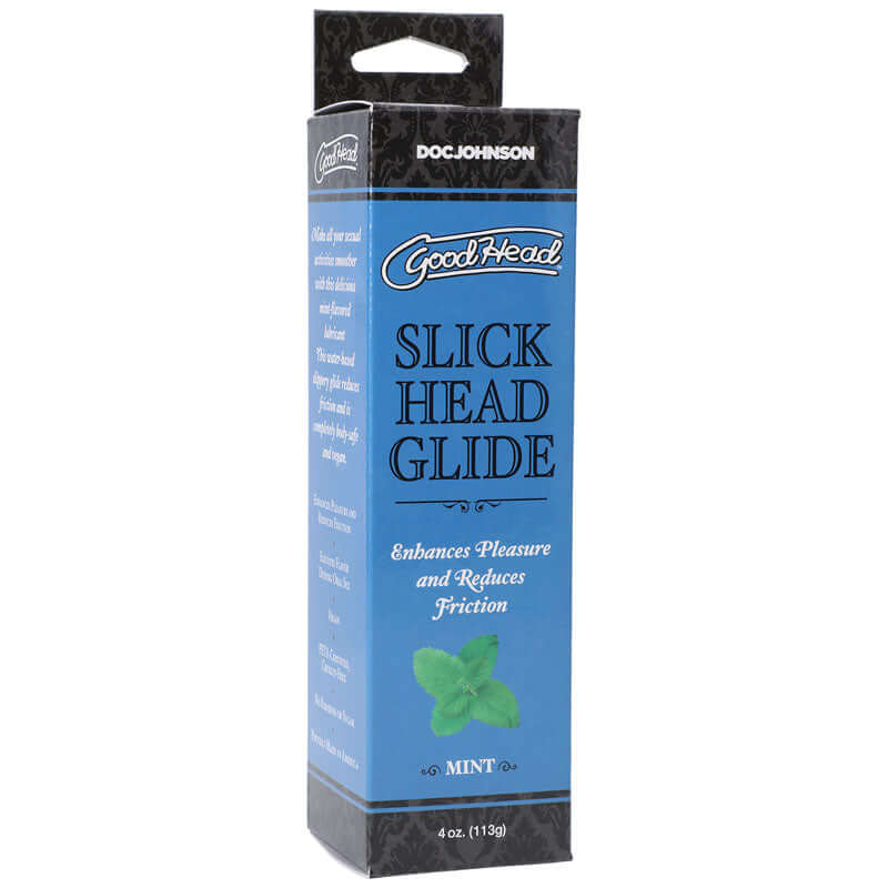 GoodHead Slick Head Glide mint flavored lubricant in a 4 oz tube for enhancing pleasure and reducing friction.