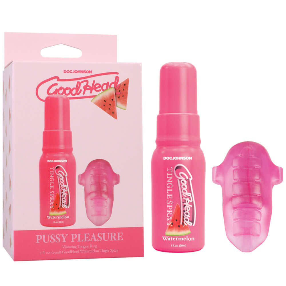 GoodHead Pussy Pleasure Party Kit featuring Watermelon Tingle Spray and Vibrating Tongue Ring for enhanced pleasure.