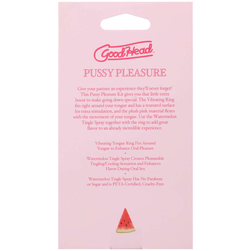 GoodHead Pussy Pleasure Party Kit packaging featuring Watermelon Tingle Spray and Vibrating Tongue Ring for enhanced pleasure.