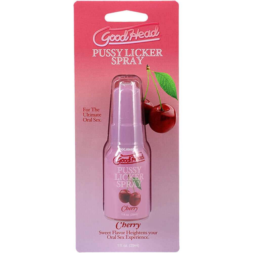 GoodHead Pussy Licker Spray in Cherry flavor, enhancing oral sex with a sweet lickable taste, 29 ml bottle.