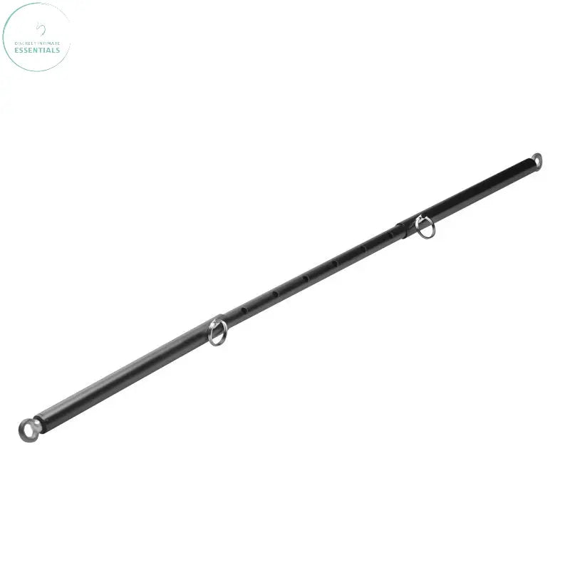 Adjustable steel spreader bar in black with eyebolts, designed for bondage play and adjustable from 23 to 35 inches.