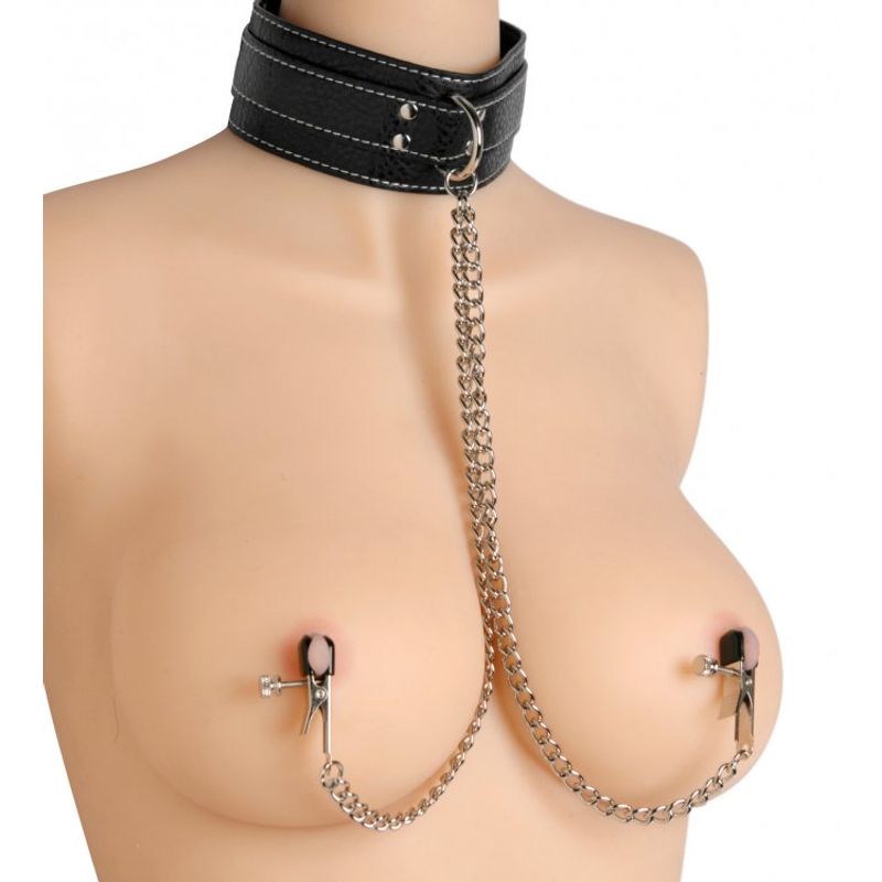 Leather collar clamp set featuring a black leather collar, chains, and adjustable nipple clamps for enhanced pleasure.