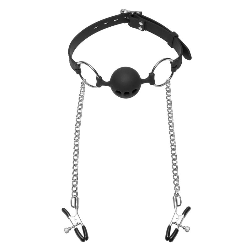 breathable silicone ball gag with nipple clamps featuring adjustable strap and chain connections.