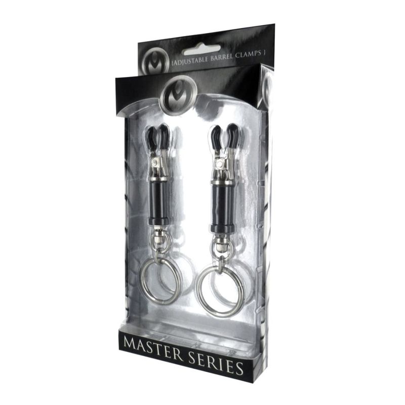 Bondage ring clamps in packaging, featuring adjustable barrel clamps and metal rings for bondage applications.