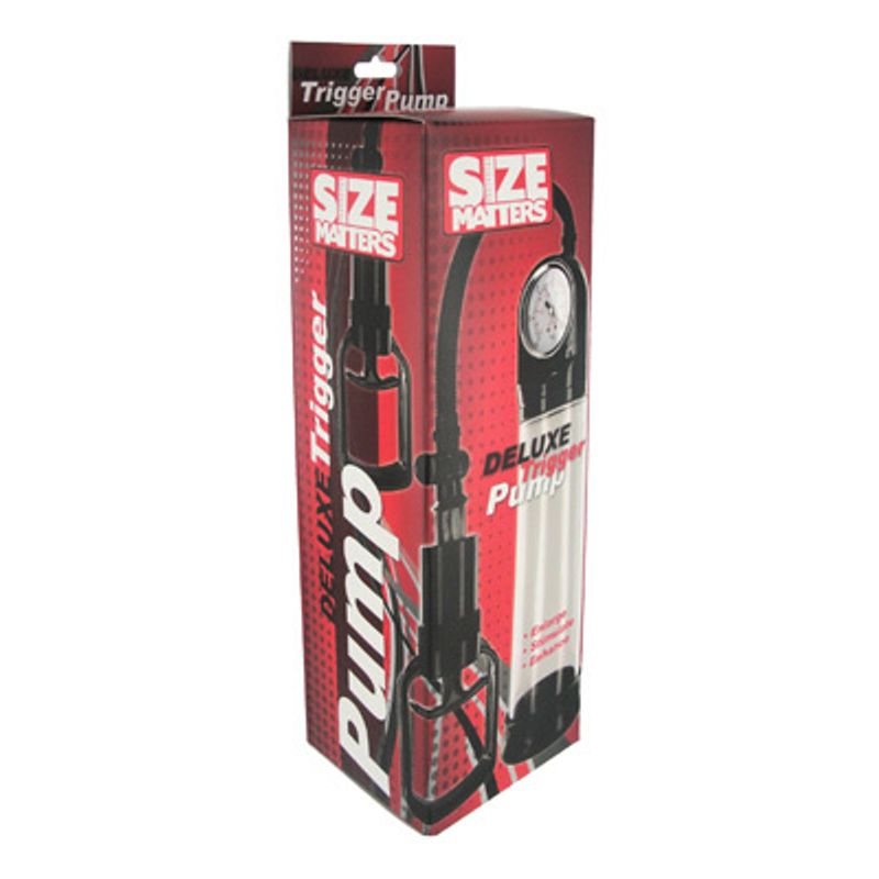 Deluxe Trigger Penis Pump packaging with gauge and trigger mechanism for enhanced male performance.