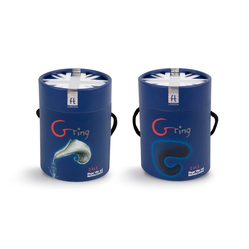 Gring Ocean Blue packaging showcasing a remote control finger vibrator and its features.