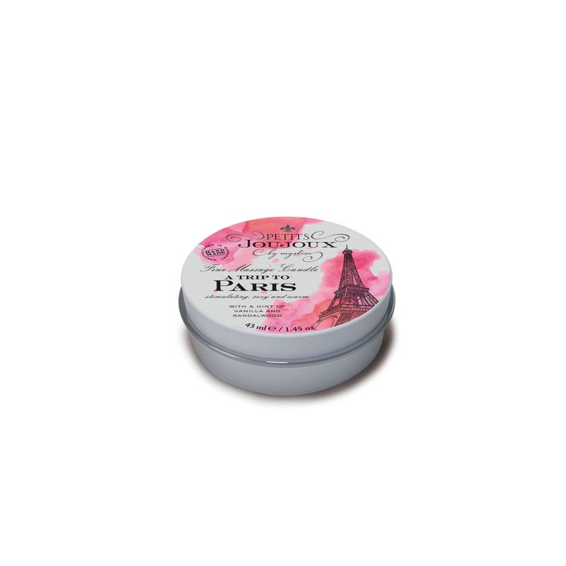 Petits JouJoux massage candle Paris 43ml in a decorative tin, scented with vanilla & sandalwood.