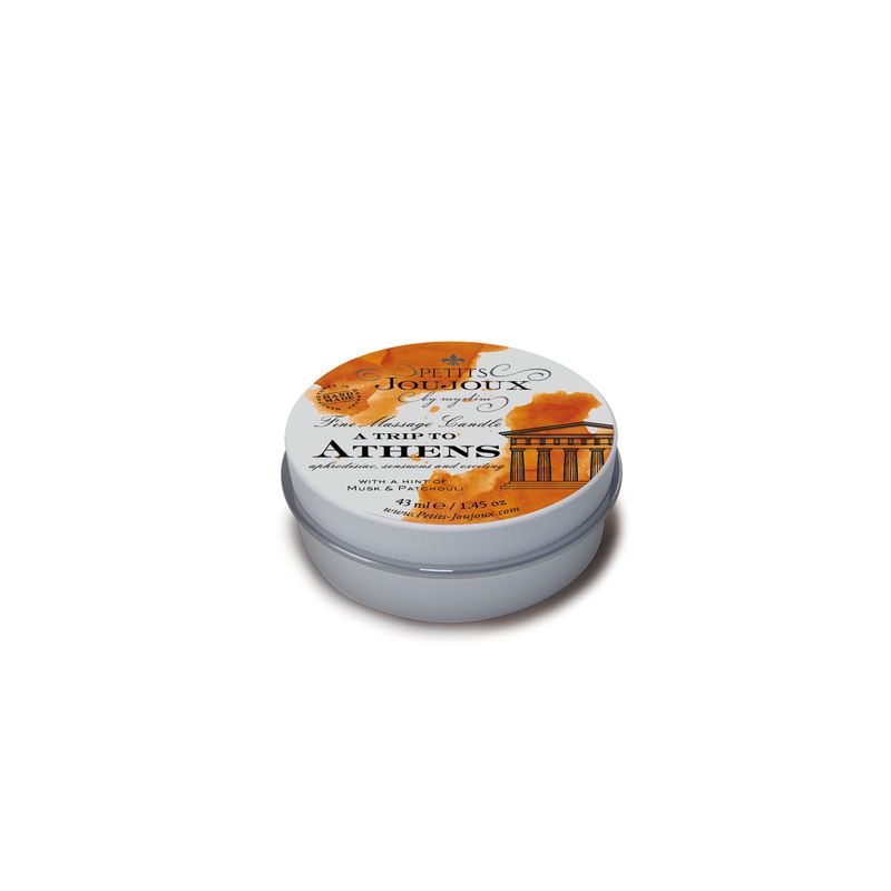 Petits JouJoux Massage Candle Athens 43ml in a round tin with a vibrant orange label and soothing scents.