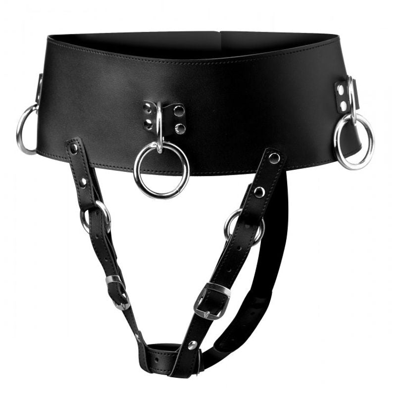 Forced Orgasm Wand Holder Belt made of soft leather with adjustable straps and rings for BDSM play.