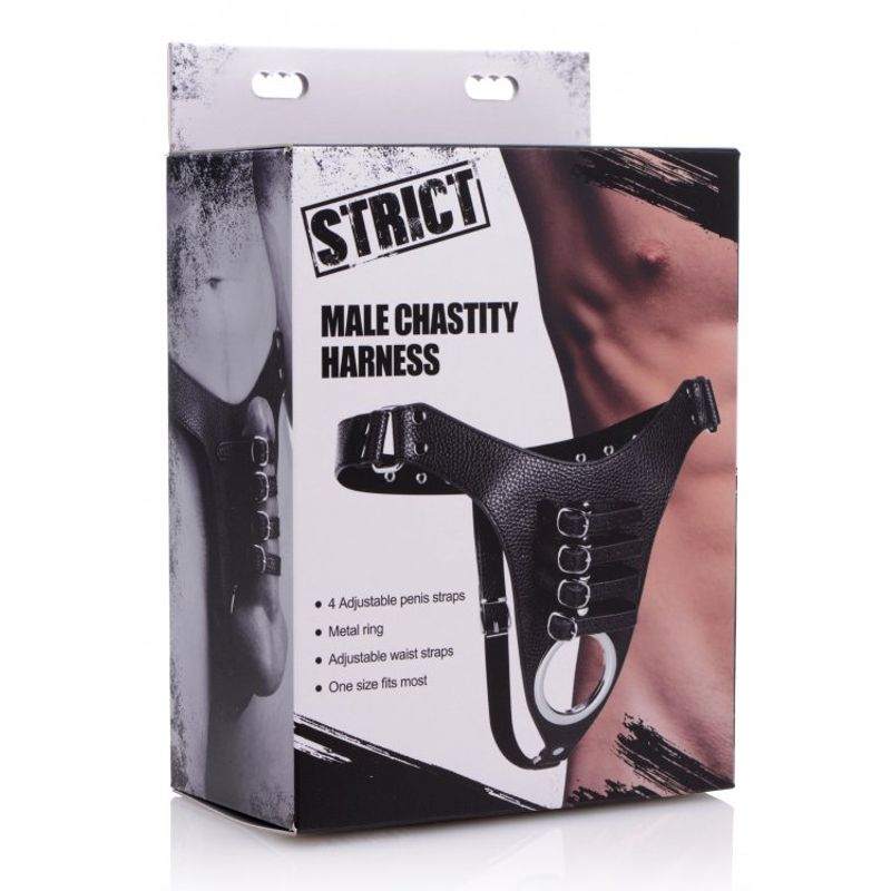 Male Chastity Harness packaging featuring adjustable straps and metal ring for intimate play.