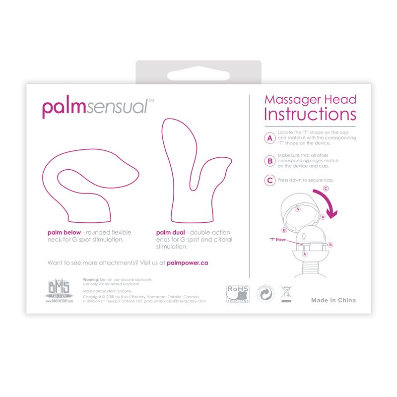 Instructions for PalmSensual massager heads showing attachment options for G-spot and clitoral stimulation.