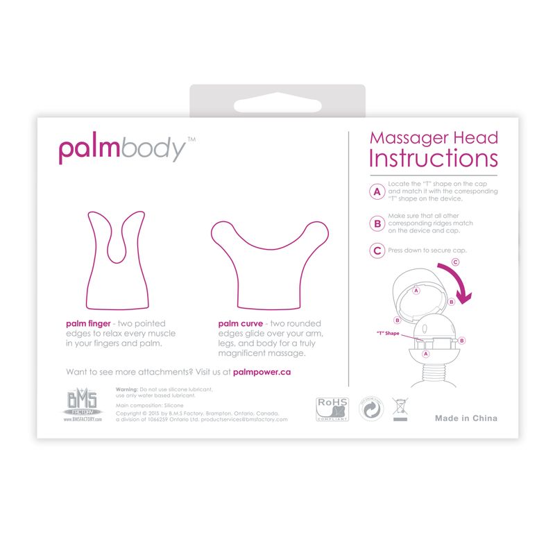 Instructions for PalmPower massager attachments including PalmFinger and PalmCurve.