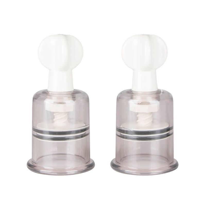 Nipple and clit suckers medium set of 2 with rotary pump for nipple enhancement, retail packaged.
