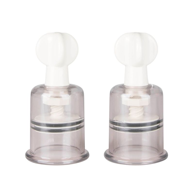 Nipple and clit suckers large set of two transparent pump devices for nipple and clitoral stimulation.