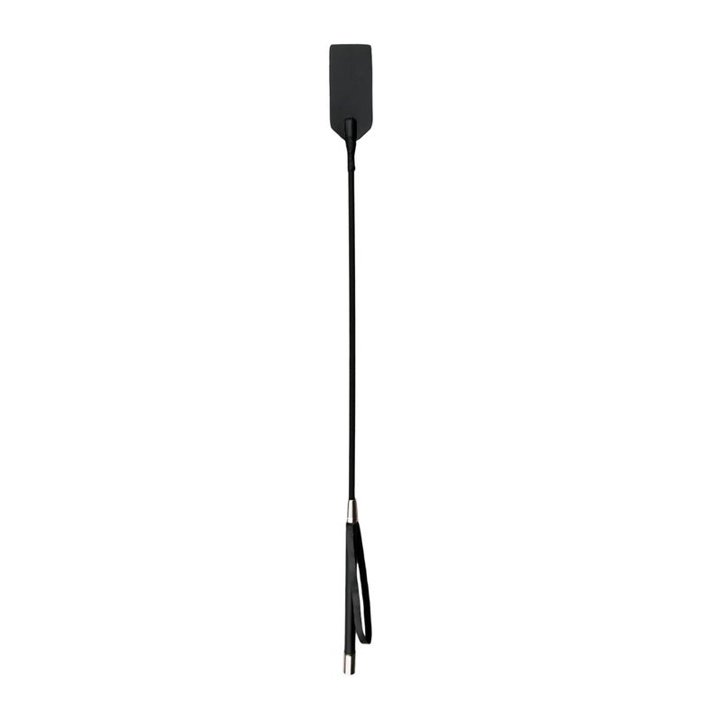 black leather crop whip featuring a sleek design with a long handle and decorative metal caps.
