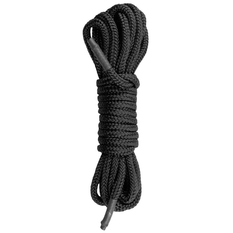 black bondage rope 5m coiled and ready for use in bondage play or artistic tying.