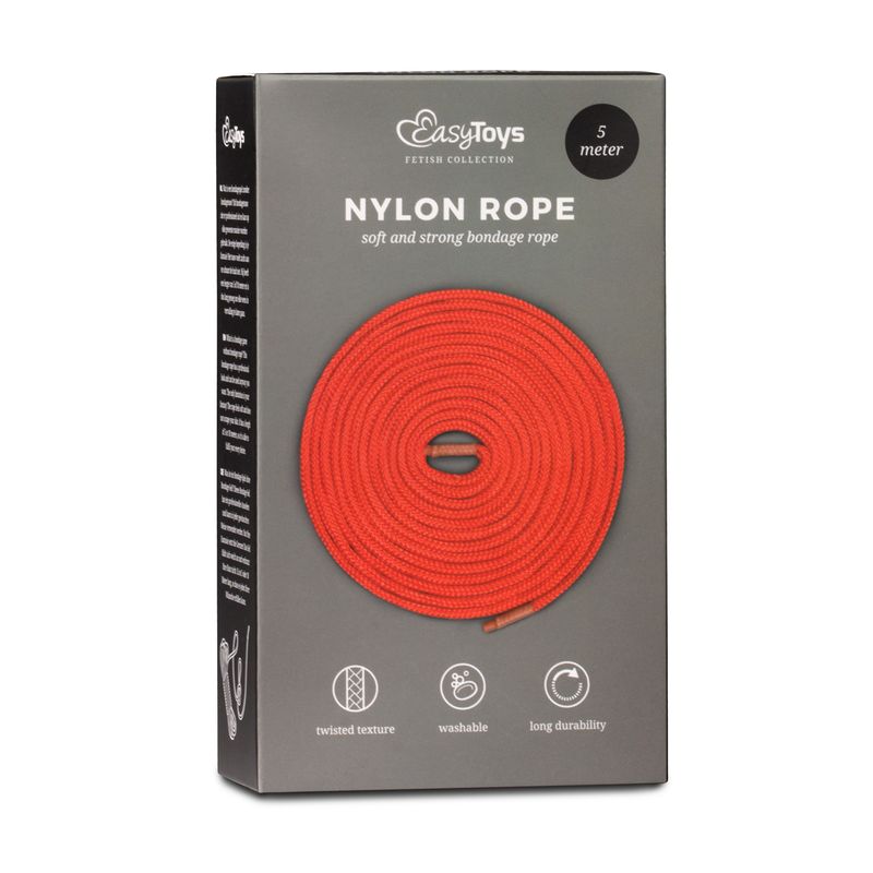 red bondage rope 5m on packaging, soft nylon rope for bondage play, easy to use for various tying techniques.