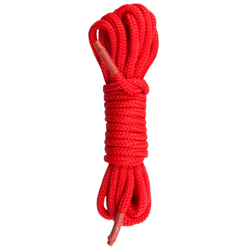 red bondage rope 5m neatly coiled, perfect for bondage play and versatile use.