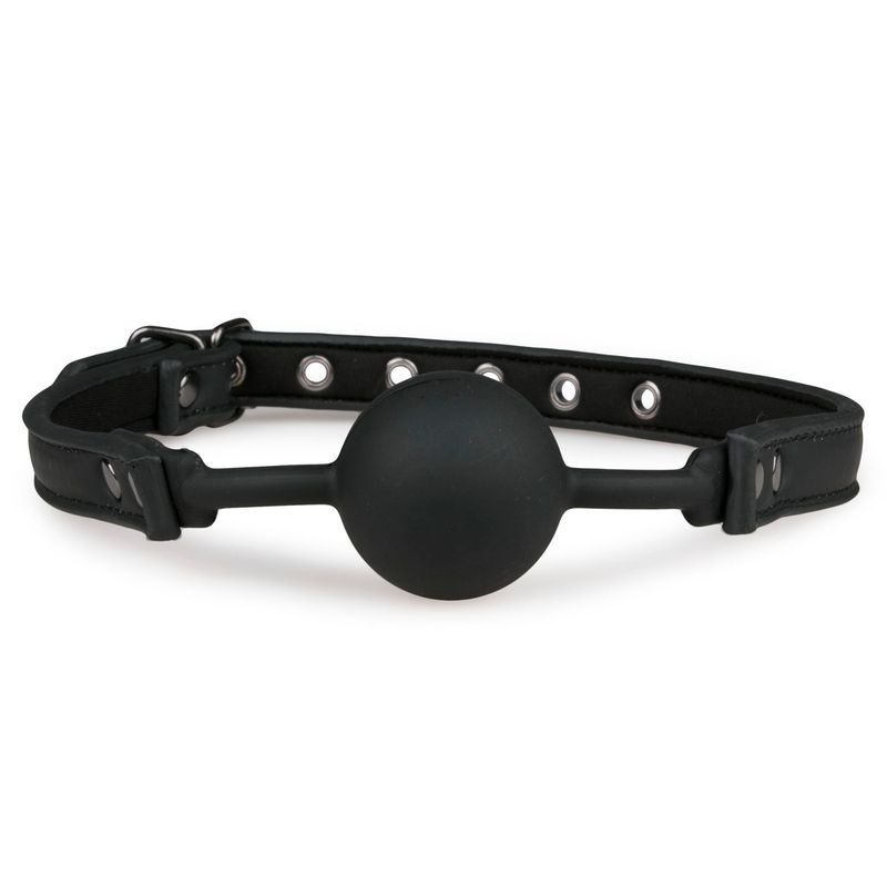 Silicone ball gag for bondage with adjustable strap and black design, perfect for beginners and experienced users.
