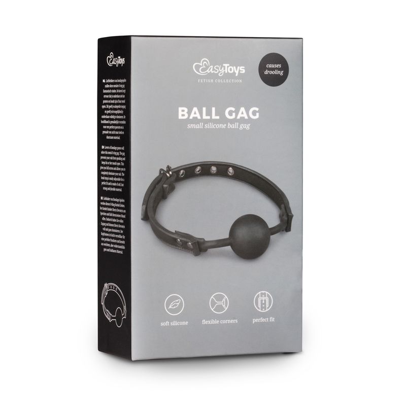 Ball gag packaging featuring silicone ball gag for bondage, adjustable strap and drooling causes, perfect for bondage enthusiasts.
