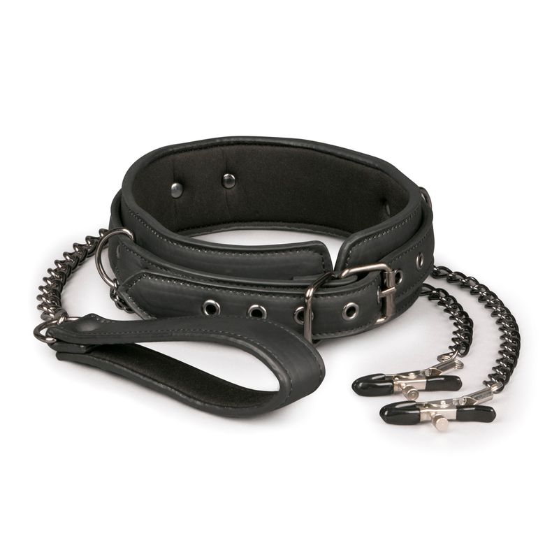 Collar with nipple clamps featuring faux leather, adjustable design, and metal chains for exciting SM play.