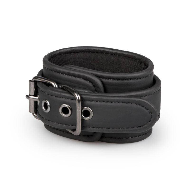 Adjustable black handcuffs with a metal buckle and grommets for a secure bondage experience.