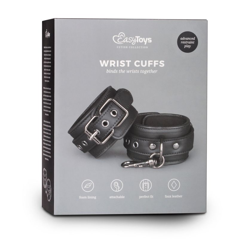 Adjustable black handcuffs for bondage, featuring foam lining and attachable design for perfect fit.