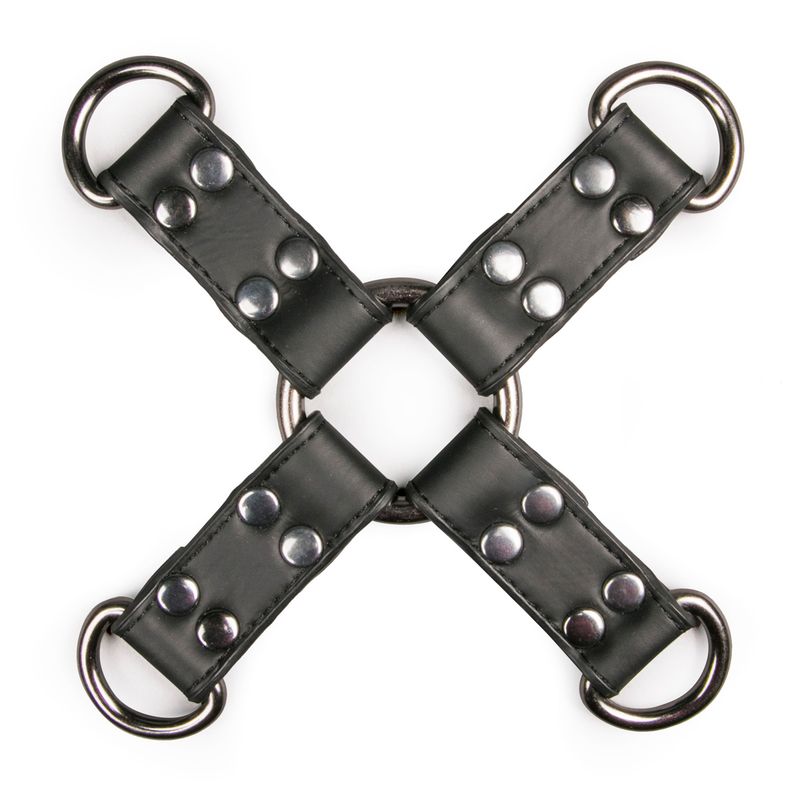 Hogtie Black faux leather bondage accessory with metal rings and studs, ideal for intimate play and sexy games.