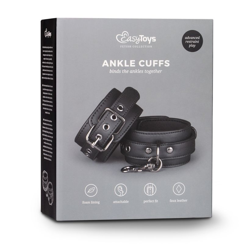 Ankle Cuffs Black packaging showing adjustable restraints for advanced play and intimate essentials for her.