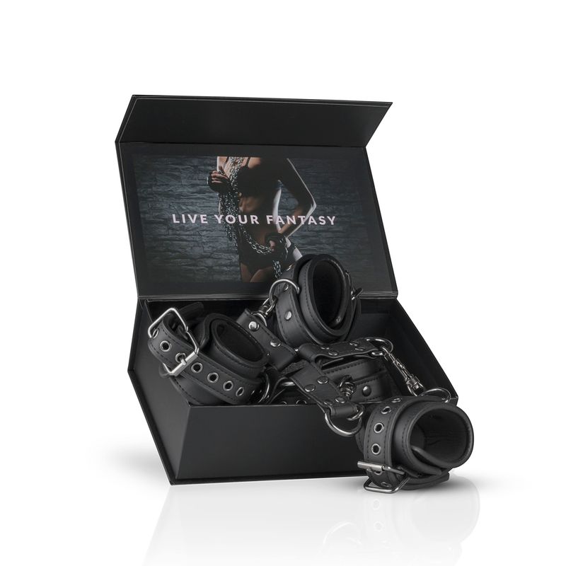 Hogtie With Hand and Ankle Cuffs in stylish packaging, perfect for intimate essentials and bondage games.