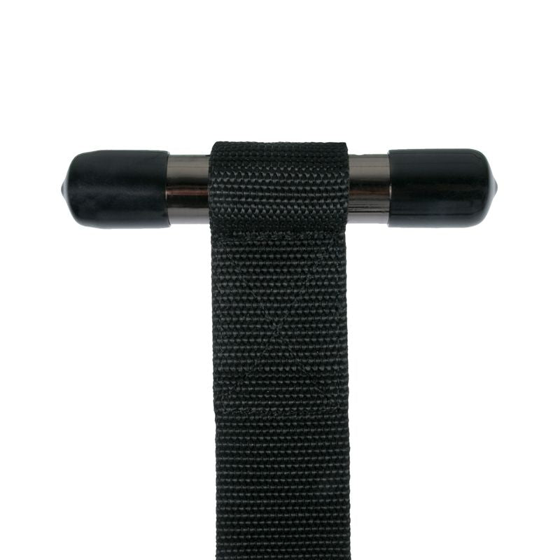 Over the Door Wrist Cuffs attachment with black strap and metal bar for bondage play.