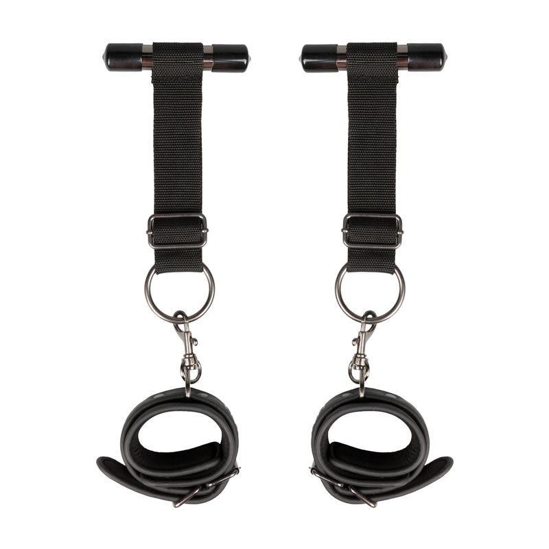 Over the Door Wrist Cuffs for bondage play, featuring adjustable straps and leather cuffs.