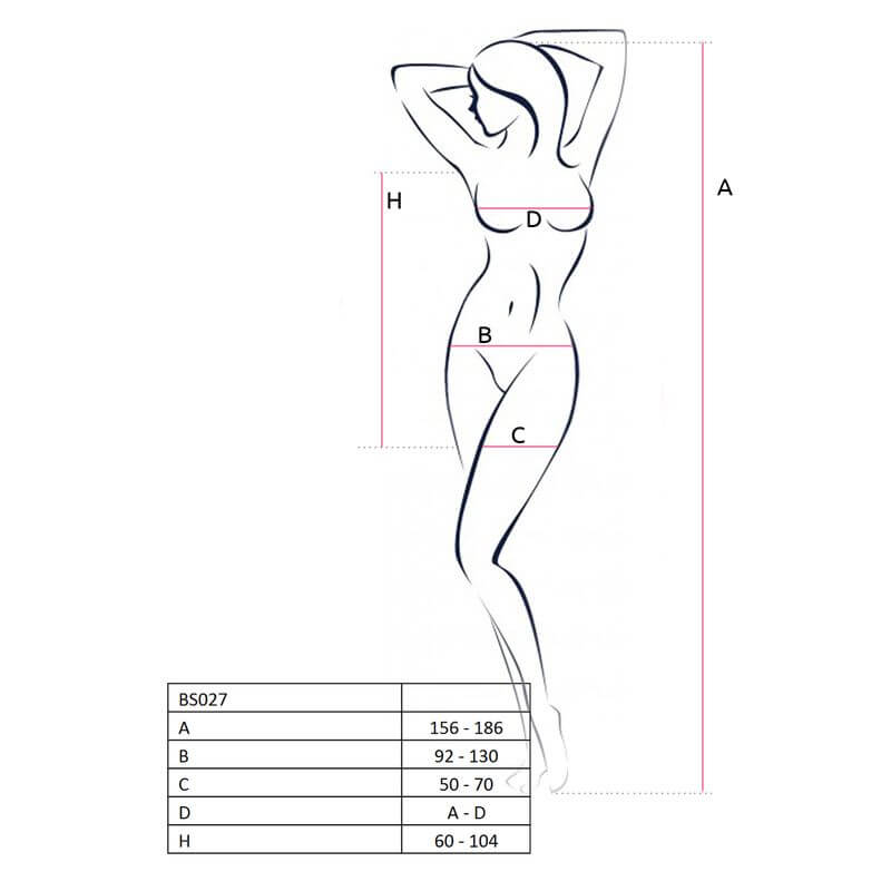 Size chart for translucent open side dress showcasing body measurements and proportions.