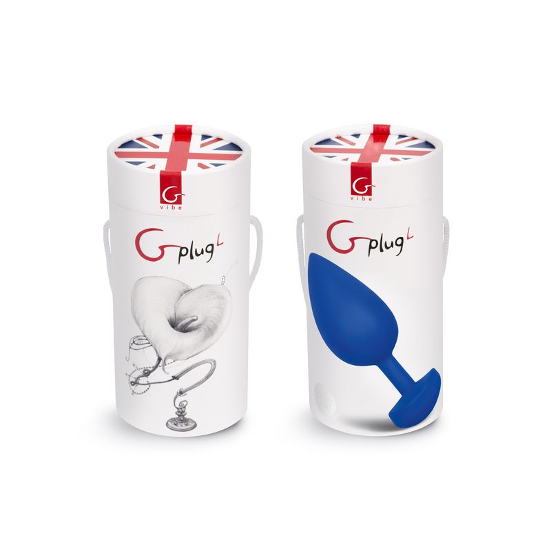 Gplug Large Navy Blue rechargeable silicone anal plug packaging on display.