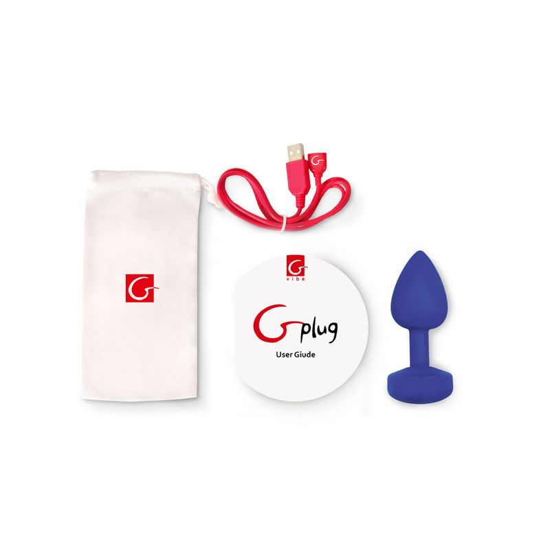 Gplug Large Navy Blue rechargeable silicone anal plug with USB charging cable and user guide.