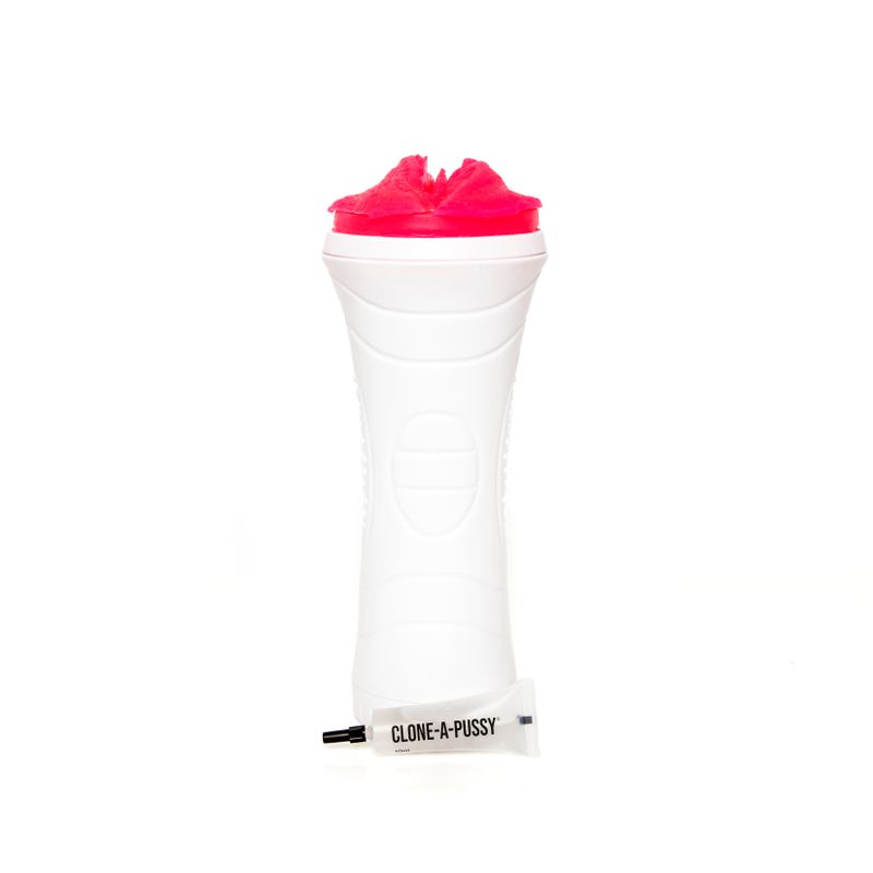 Clone A Pussy Sleeve Kit featuring a vibrant pink vulva casting sleeve and included lubricant for sexual pleasure.