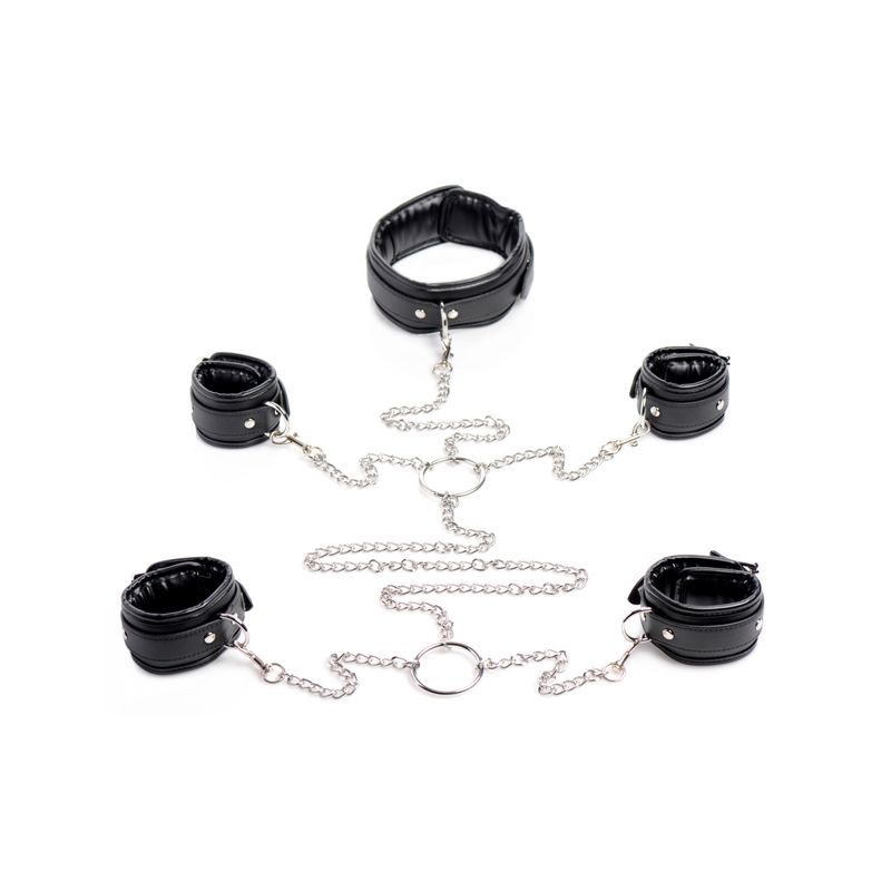 Slave Bondage Shackle Set featuring adjustable cuffs and collar connected by chains for total control in intimate settings.