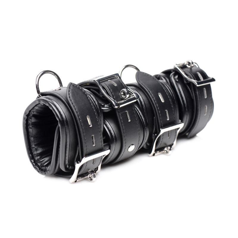 Slave Bondage Shackle Set featuring black padded cuffs and locking buckles for total control and comfort.